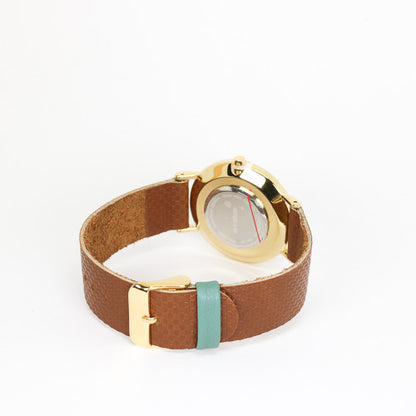Montre brun texturé / turquoise pâle et or