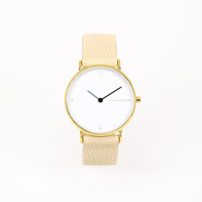 Montre beige sable / blanc et or