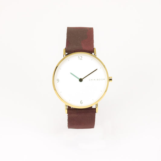Burgundy / white and gold camouflage watch